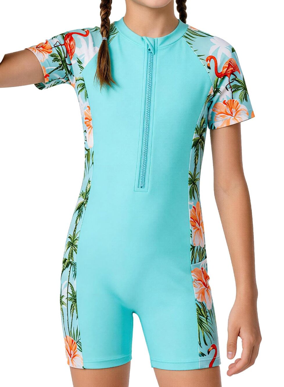Girls Short Sleeve UPF 50+ Rash Guard  One Pieces Bathing Suit with Zip Size 12